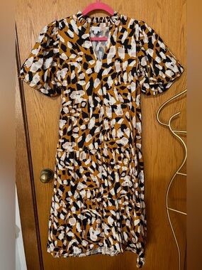 Mud Pie Tiered V-Neck Midi Dress in Mustard, Black & White Animal Print